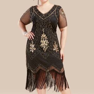 NWT 1920s Flapper Gold and Black Fringe Dress plus